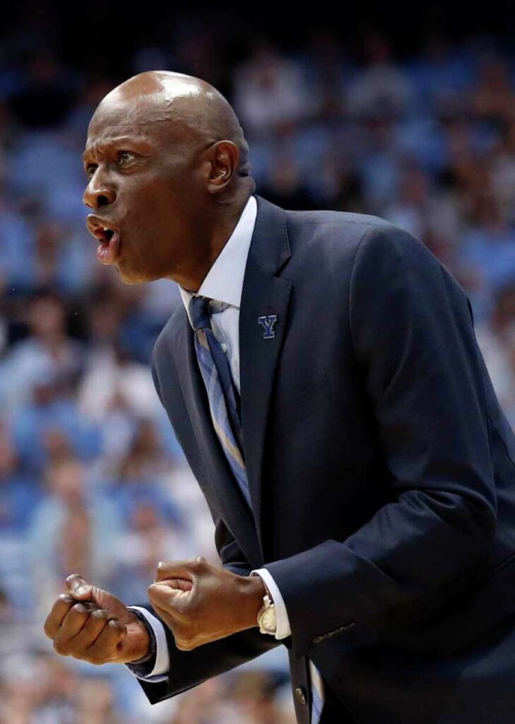 Yale head coach James Jones reacts during the first half of an NCAA college basketball game against North Carolina in Chapel Hill, N.C., Monday, Dec. 30, 2019. (AP Photo/Gerry Broome)
