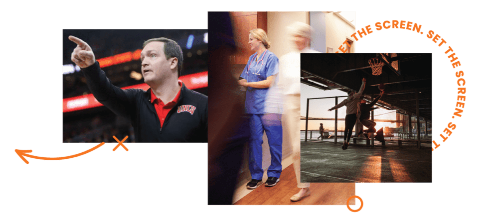 Photo collage of coaches, health workers and basketball players